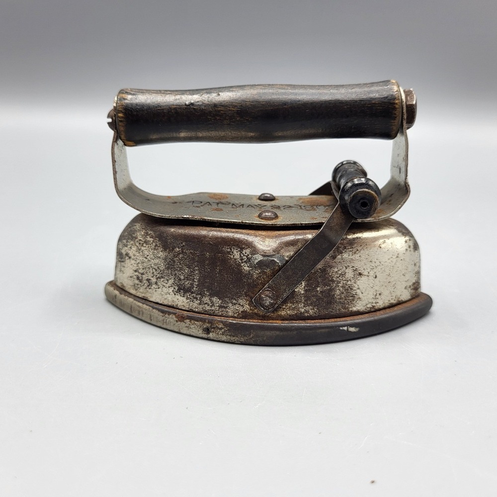 Antique Child Size Sad Iron May 22 1900 Patent Small Wood Handle Silver Black